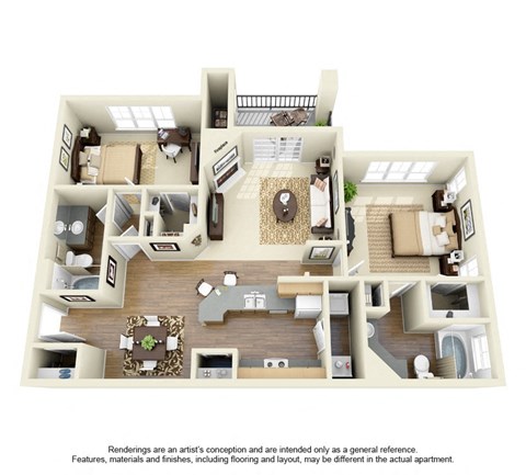 Floor plan for 2 beds, 2 baths, 1133 sqft
